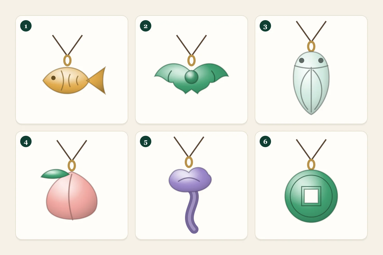 Six jadeite pendant designs whose meanings come from puns and symbols: fish, bat, cicada, peach, ruyi scepter and ancient coin