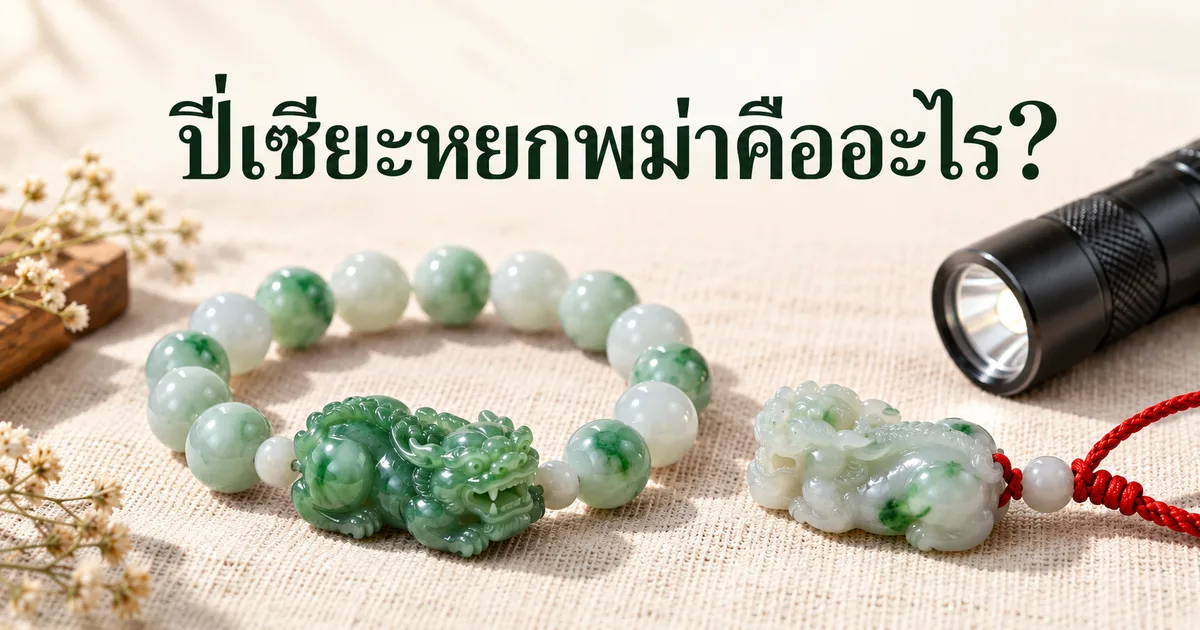 กำไลลูกปัดหยกพม่าที่มีปี่เซียะสีเขียวและจี้ปี่เซียะร้อยเชือกแดงบนผ้าลินินสีงาช้าง ข้างๆ มีไฟฉายเล็ก พร้อมชื่อบทความ ปี่เซียะหยกพม่าคืออะไร?