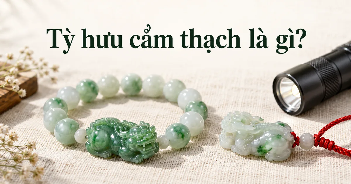 Vòng tay hạt cẩm thạch có tỳ hưu phỉ thúy xanh và một mặt dây tỳ hưu đeo dây đỏ trên vải lanh màu ngà, bên cạnh có một đèn pin nhỏ, với tiêu đề Tỳ hưu cẩm thạch là gì?