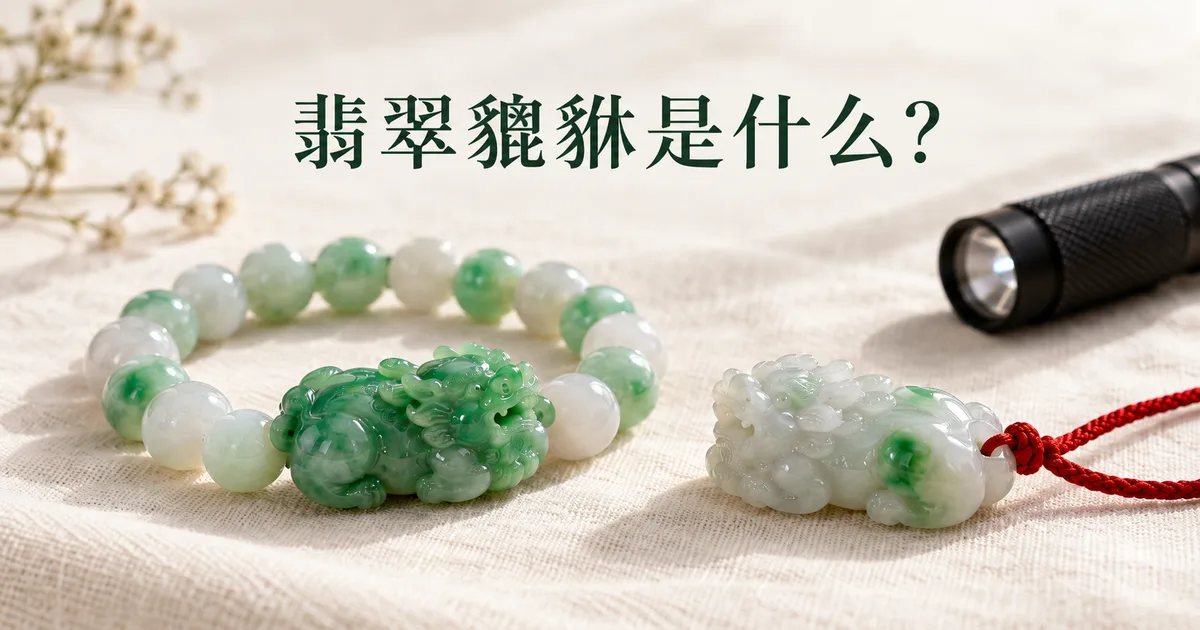 米白亚麻布上一串绿色翡翠貔貅手链和一只红绳貔貅吊坠,旁边放着一支小手电,配标题「翡翠貔貅是什么?」