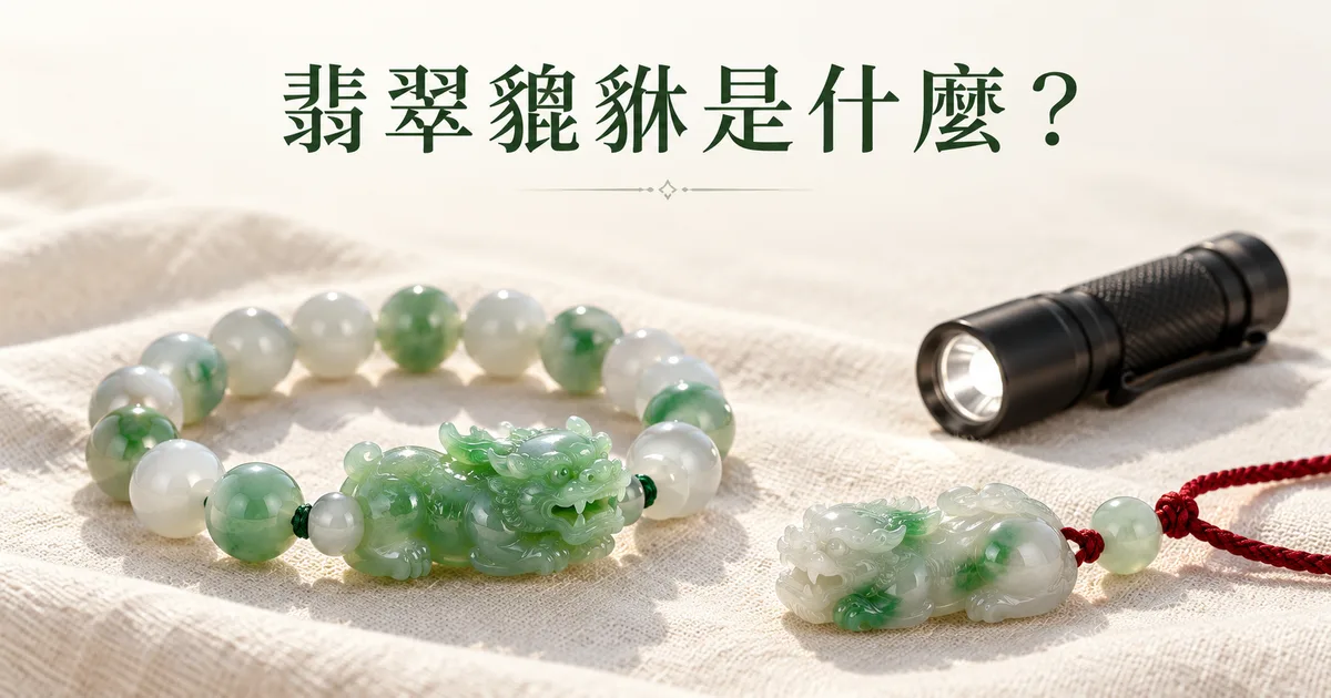 米白亞麻布上一串綠色翡翠貔貅手鍊和一隻紅繩貔貅吊墜,旁邊放著一支小手電,配標題「翡翠貔貅是什麼?」