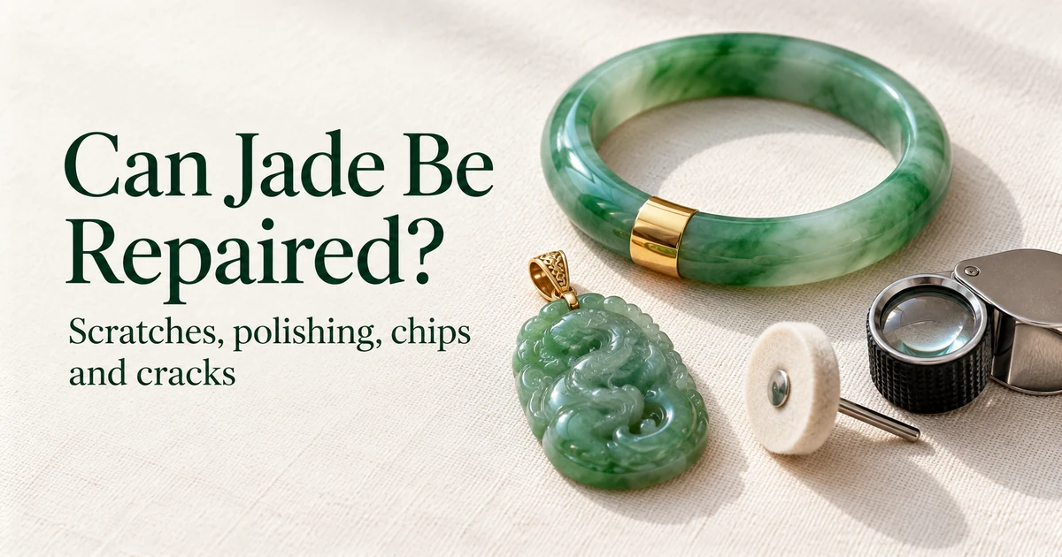 A green and white jadeite bangle with a polished yellow gold band over one section, a carved green jadeite pendant with a gold bail, a white felt polishing wheel on a metal shank and a 10x loupe on ivory linen