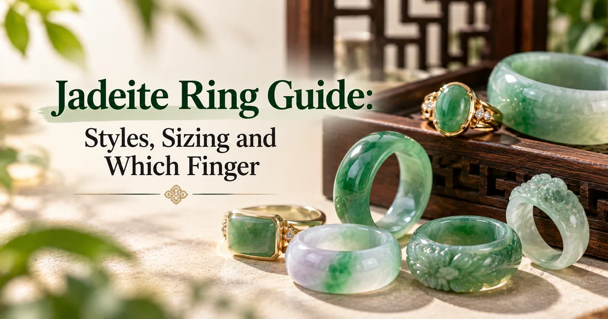 Several jadeite rings on a stone tabletop: carved jadeite bands, a thumb ring, a rectangular jadeite ring and a cabochon ring in gold, with the title Jadeite Ring Guide: Styles, Sizing and Which Finger