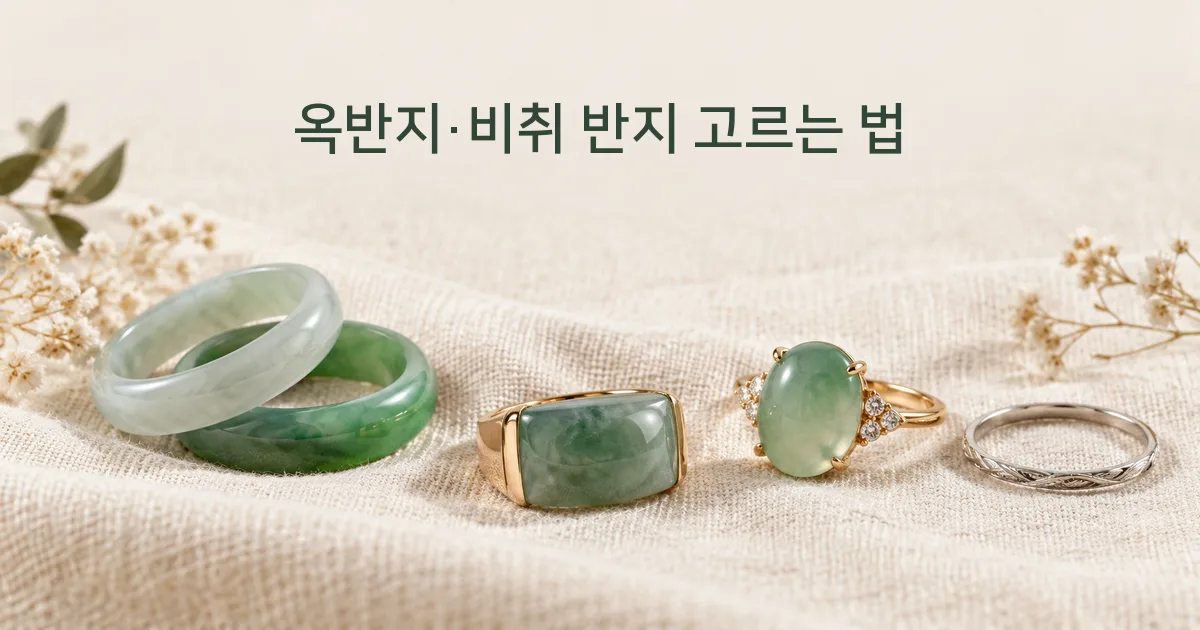 돌 테이블 위에 놓인 여러 비취 반지: 민자 비취 반지, 엄지 반지, 사각 비취 반지, 금 세팅 카보숑 반지와 제목 '옥반지·비취 반지 고르는 법'
