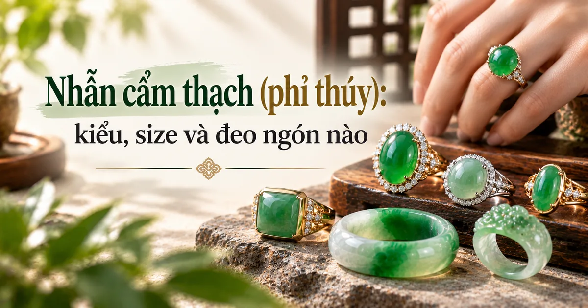 Bàn tay đeo nhẫn mặt cẩm thạch, bên dưới là nhẫn mặt vuông bọc vàng, các nhẫn mặt trứng viền kim cương, một nhẫn trơn và một nhẫn chạm khắc, kèm tiêu đề Nhẫn cẩm thạch (phỉ thúy): kiểu, size và đeo ngón nào