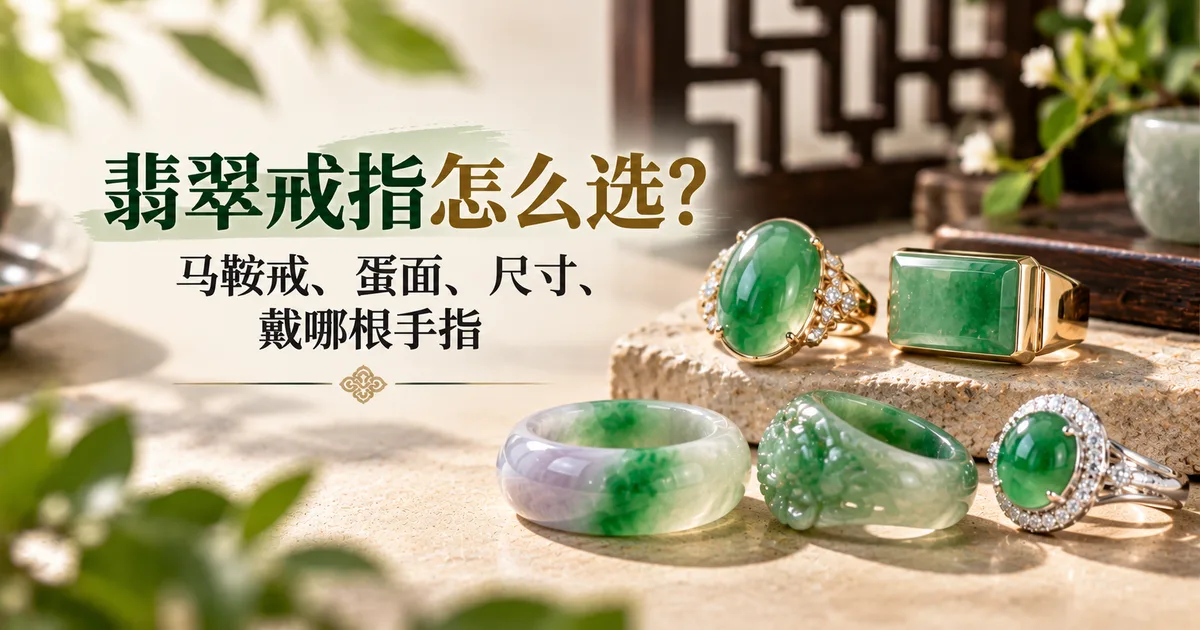 石台上放着金托蛋面戒、方形翡翠戒、镶钻蛋面戒,以及整块翡翠雕成的指环和雕花戒,配标题「翡翠戒指怎么选?」