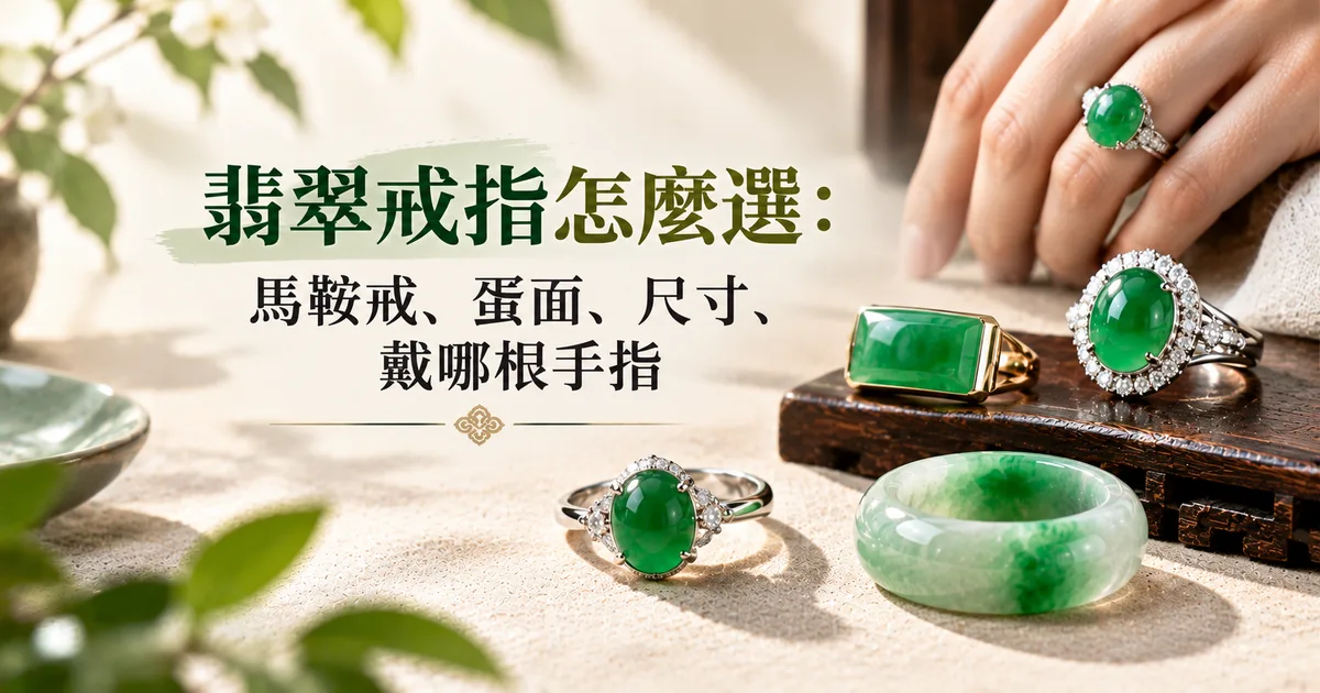 一隻戴著翡翠蛋面戒的手旁,木座上放著方形翡翠戒和鑲鑽蛋面戒,前面是白金蛋面戒和翡翠指環,配標題「翡翠戒指怎麼選」