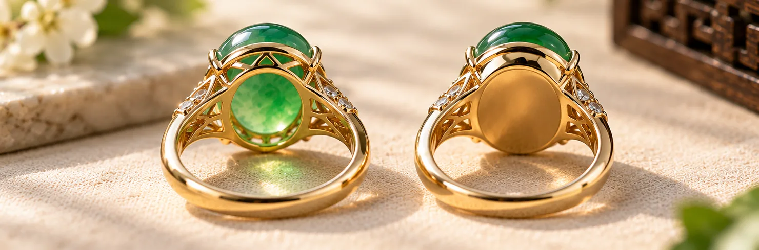 Backs of two jadeite cabochon rings side by side: one with an open back where light passes through the stone, one with a closed gold back under the stone