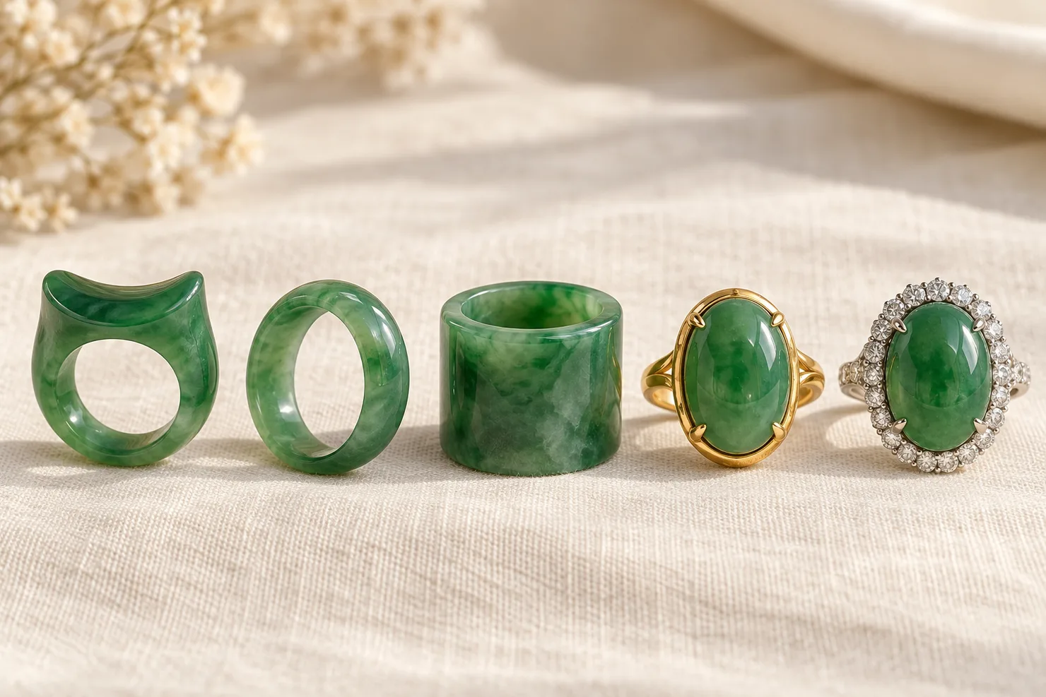 Five jadeite ring styles side by side: a saddle ring, a plain jadeite band, a wide thumb ring, a green cabochon in a gold setting and a cabochon with a diamond halo