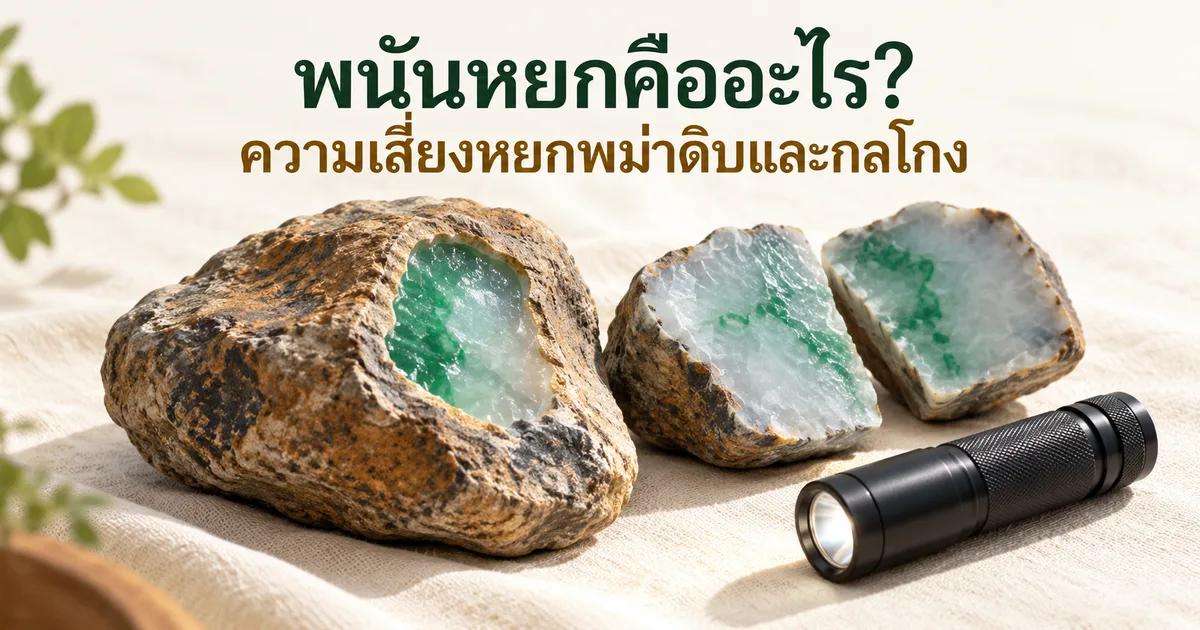 หยกพม่าดิบผิวผุกร่อนสีน้ำตาลที่มีหน้าต่างสีเขียวเล็ก ๆ วางข้างหยกดิบที่เลื่อยผ่าครึ่งและไฟฉายบนผ้าลินินสีงาช้าง พร้อมหัวข้อ พนันหยกคืออะไร? ความเสี่ยงหยกพม่าดิบและกลโกง