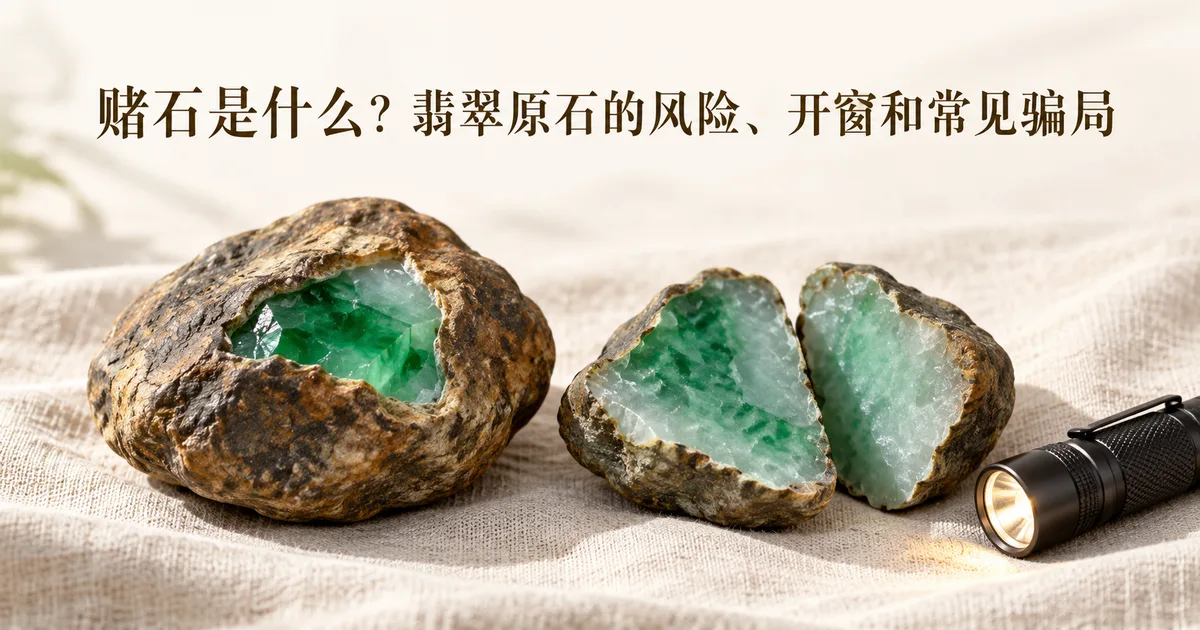 米白色亚麻布上一块褐色风化皮的翡翠原石,磨开一个小绿窗口,旁边是锯开的两半原石和一支手电,配标题「赌石是什么?翡翠原石的风险、开窗和常见骗局」