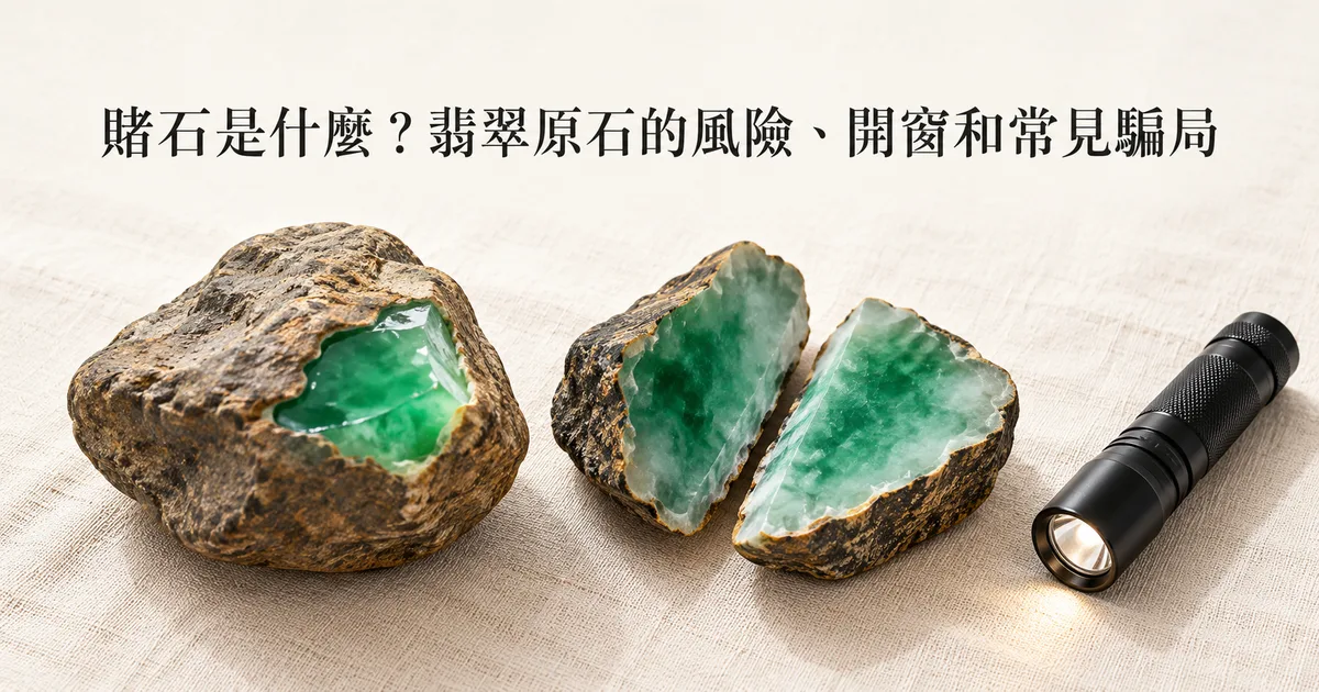 米白色亞麻布上一塊褐色風化皮的翡翠原石,磨開一個小綠窗口,旁邊是鋸開的兩半原石和一支手電,配標題「賭石是什麼?翡翠原石的風險、開窗和常見騙局」