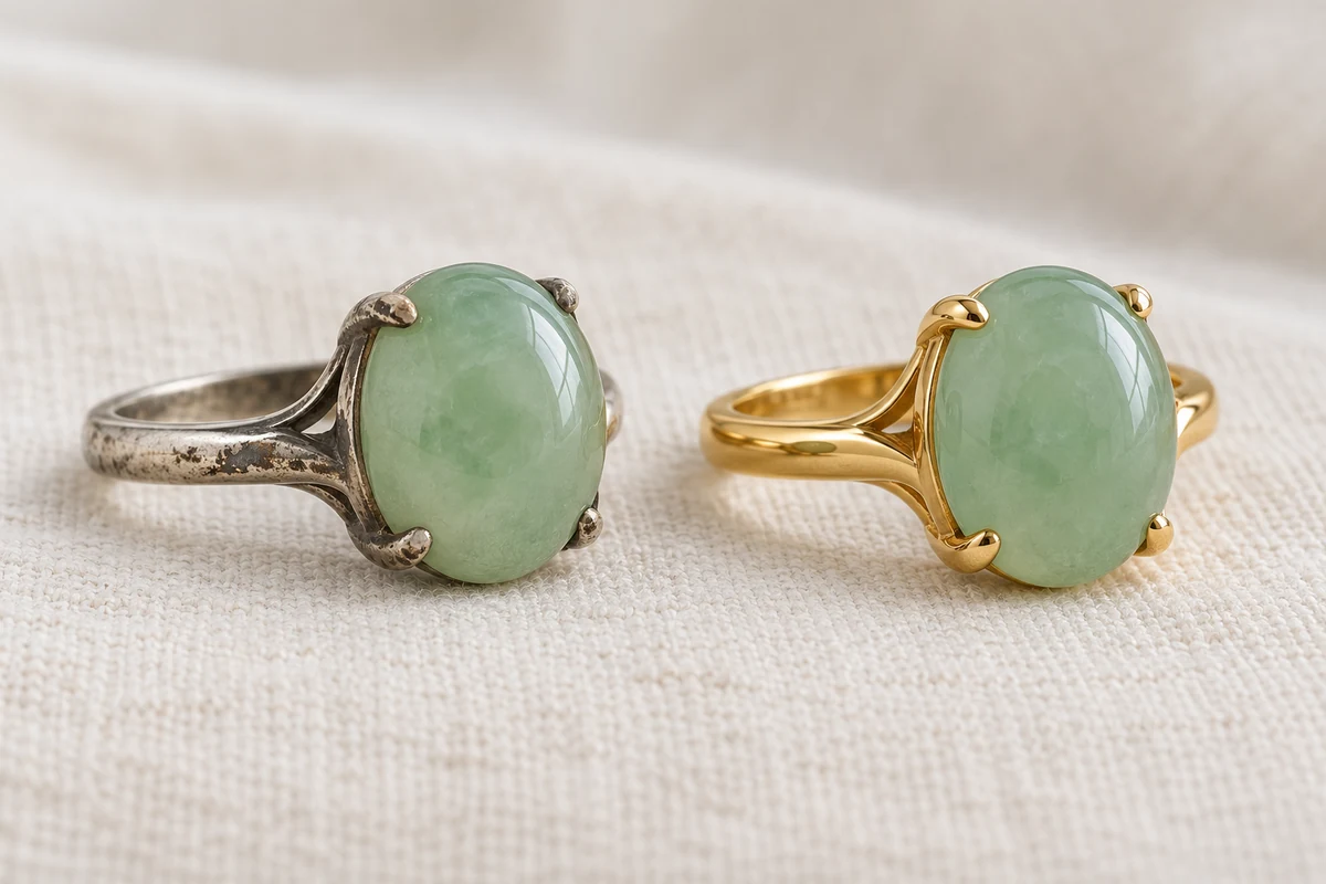Two jadeite cabochon rings side by side, seen close up: on the left an old silver setting, tarnished and worn-looking, on the right a clean, bright yellow gold setting