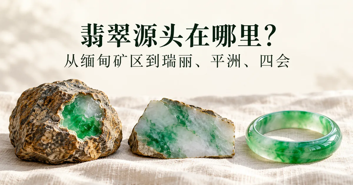 米白色亚麻布上一字排开开了窗口的翡翠原石、锯开的片料和一只绿色成品手镯,配标题「翡翠源头在哪里?从缅甸矿区到瑞丽、平洲、四会」