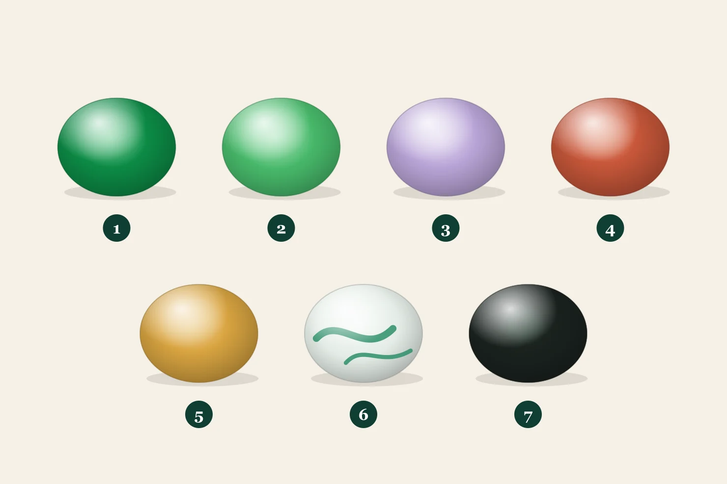 Seven jadeite cabochons in common trade colors: imperial green, bright green, lavender, red, yellow, floating flowers and black