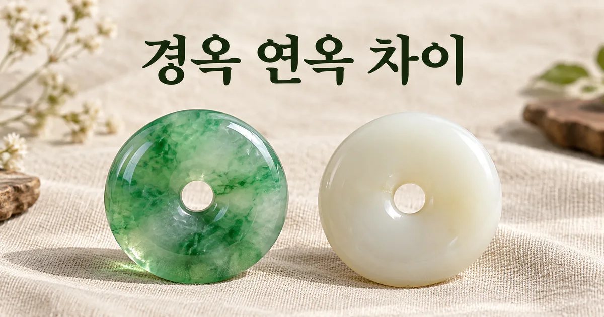 유리 광택이 나는 초록색 비취(경옥) 원판과 기름 같은 광택이 나는 크림색 연옥(허톈옥) 원판을 나란히 놓은 모습