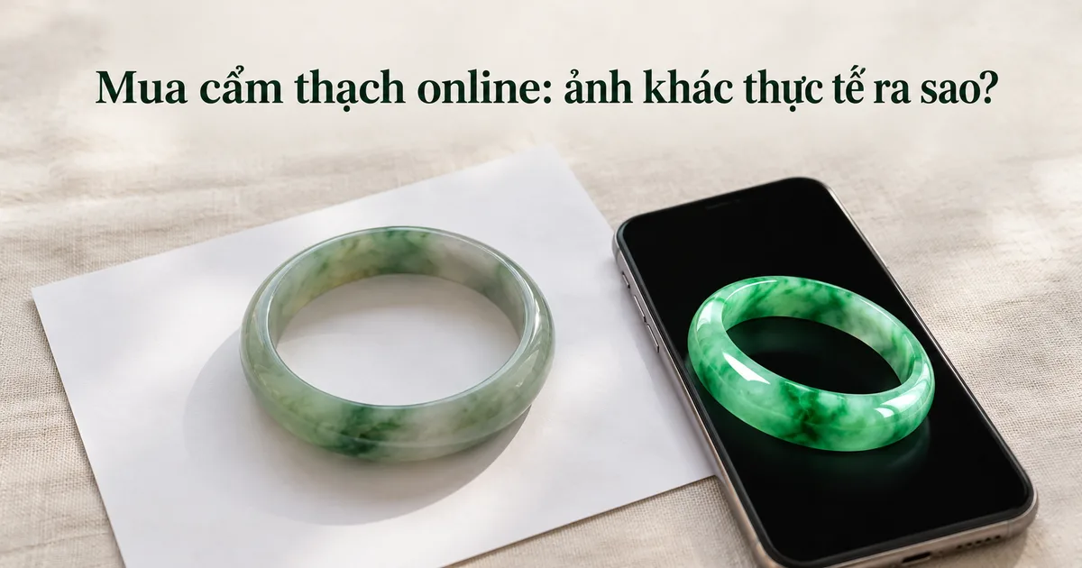 Điện thoại đặt trên vải lanh màu ngà, màn hình hiện một chiếc vòng cẩm thạch xanh phát sáng, bên cạnh là chính chiếc vòng đó trên giấy trắng dưới ánh sáng ban ngày dịu, trông nhạt hơn, kèm tiêu đề Mua cẩm thạch online: ảnh khác thực tế ra sao?