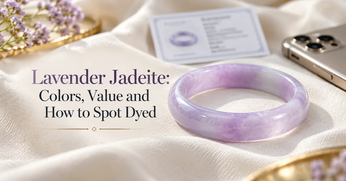 A translucent lavender jadeite bangle on ivory linen beside a lab certificate card, a phone and dried lavender sprigs, with the title Lavender Jadeite: Colors, Value and How to Spot Dyed