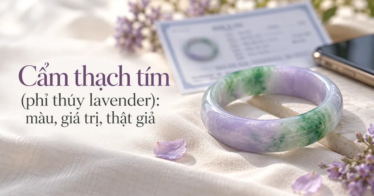 Chiếc vòng cẩm thạch tím pha xanh trên vải lanh màu ngà, phía sau là giấy kiểm định và điện thoại, cạnh những cành hoa tím, kèm tiêu đề Cẩm thạch tím (phỉ thúy lavender)
