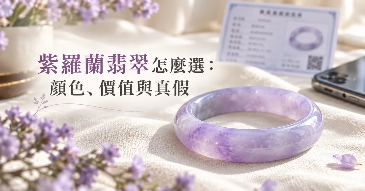 米白色亞麻布上放著一隻通透的紫羅蘭翡翠手鐲,後面是鑑定證書和手機,旁邊點綴紫色小花,配標題「紫羅蘭翡翠怎麼選」