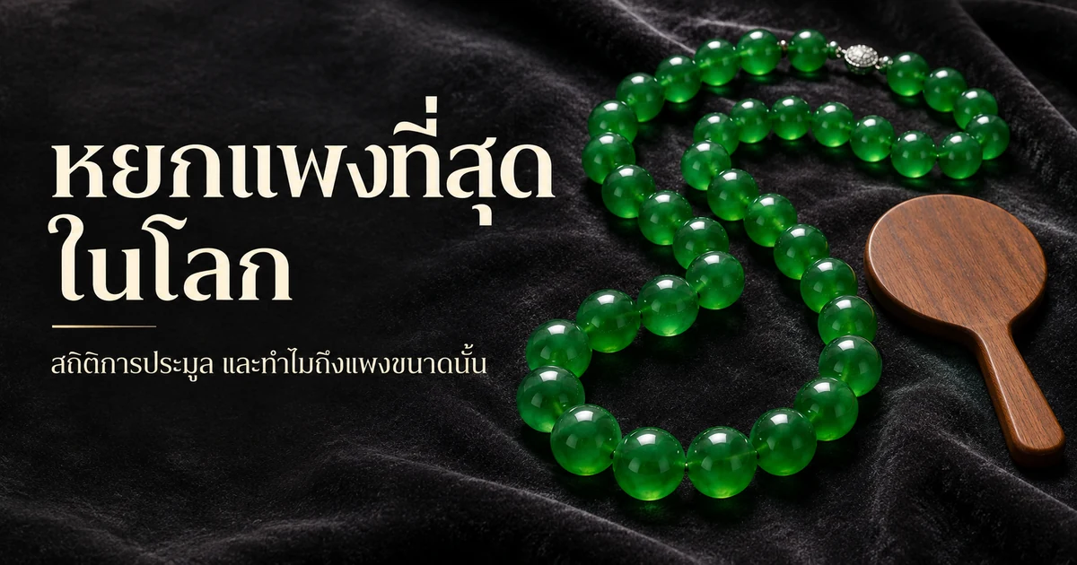 สร้อยลูกปัดหยกพม่าเขียวจักรพรรดิเม็ดใหญ่วางขดบนผ้ากำมะหยี่สีเข้ม ข้างป้ายหมายเลขประมูล แสงไฟแบบตู้จัดแสดงในพิพิธภัณฑ์