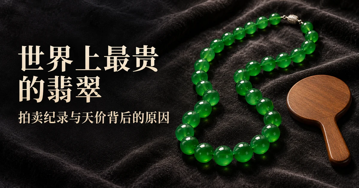 深色丝绒上盘着一条大颗帝王绿翡翠珠长链,旁边放着拍卖号牌,灯光像博物馆展柜