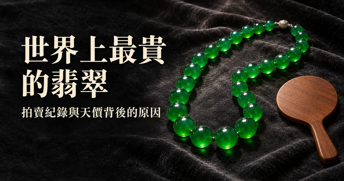 深色絲絨上盤著一條大顆帝王綠翡翠珠長鏈,旁邊放著拍賣號牌,燈光像博物館展櫃