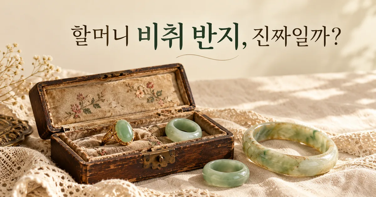빛바랜 자수 천을 깐 열린 나무 보석함 속의 오래된 연녹색 비취 반지와 옥 팔찌, 제목 '할머니 비취 반지, 진짜일까?'