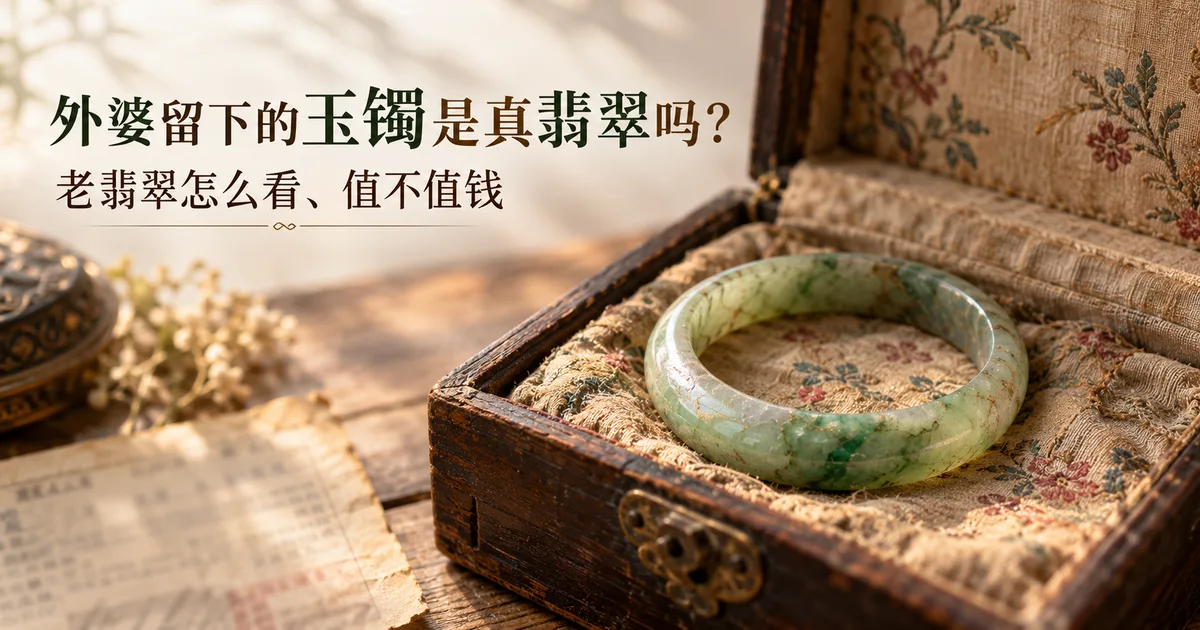 打开的旧木首饰盒里,一只磨损的浅绿色老玉镯放在褪色的刺绣布上,配标题「外婆留下的玉镯是真翡翠吗?老翡翠怎么看、值不值钱」