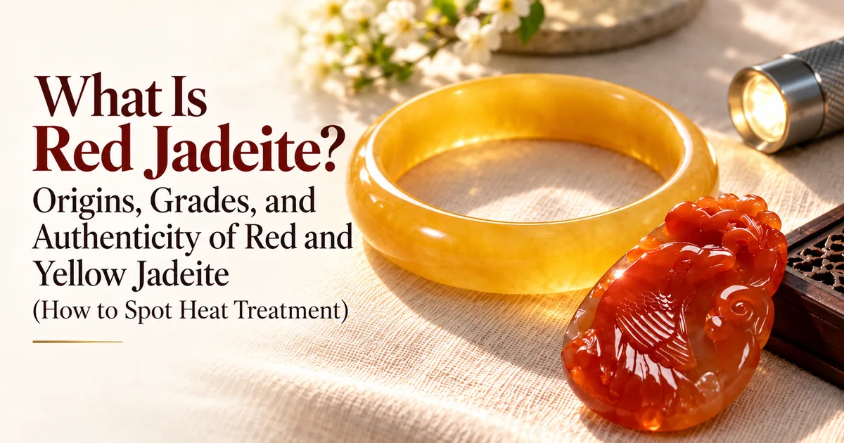 A translucent orange-red jadeite pendant and a honey-yellow jadeite bangle on ivory linen, with a small flashlight beside them