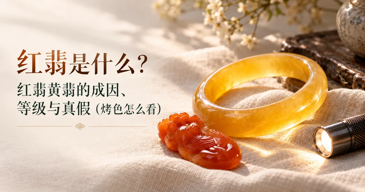米白色亚麻布上一件通透的橙红色红翡吊坠和一只蜜黄色黄翡手镯,旁边放着一支小手电筒