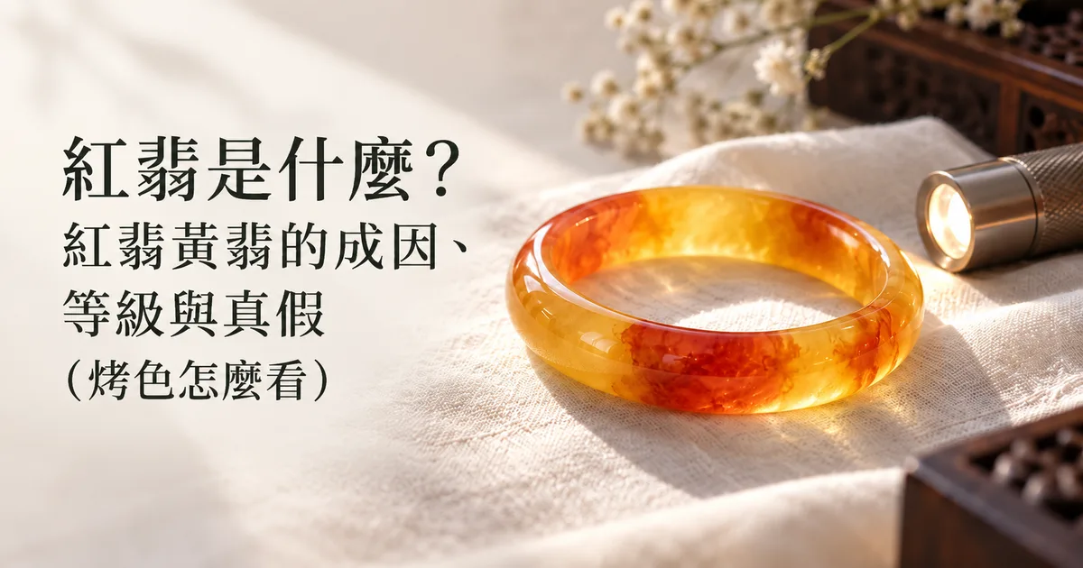 米白色亞麻布上一隻黃底帶紅的紅黃翡手鐲,一側透著暖光,旁邊放著一支小手電筒