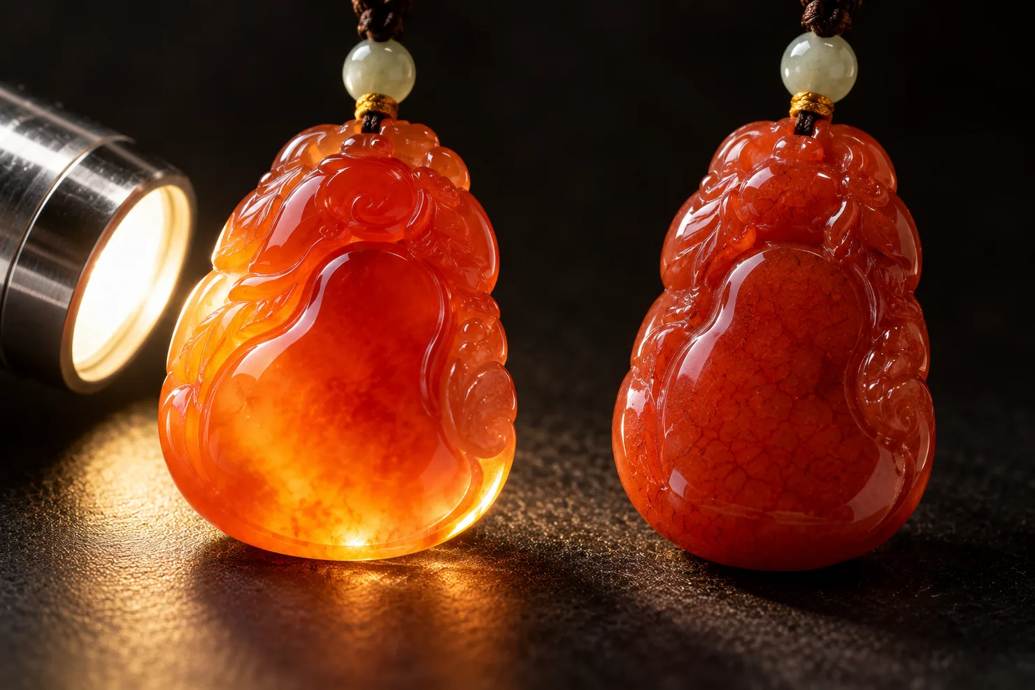 Two red jadeite pendants lit by a small flashlight: the left one glows softly with color that fades gradually, the right one looks dry and evenly brick red with color sitting in fine cracks