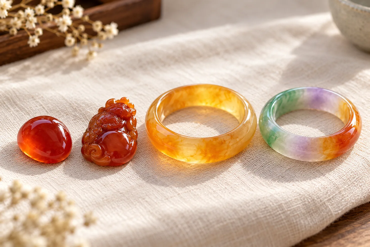 Four red and yellow jadeite pieces in a row on ivory linen: a translucent bright red cabochon, an opaque brownish-red pendant, a section of a honey-yellow translucent bangle and a bangle with green, lavender and red-yellow colors
