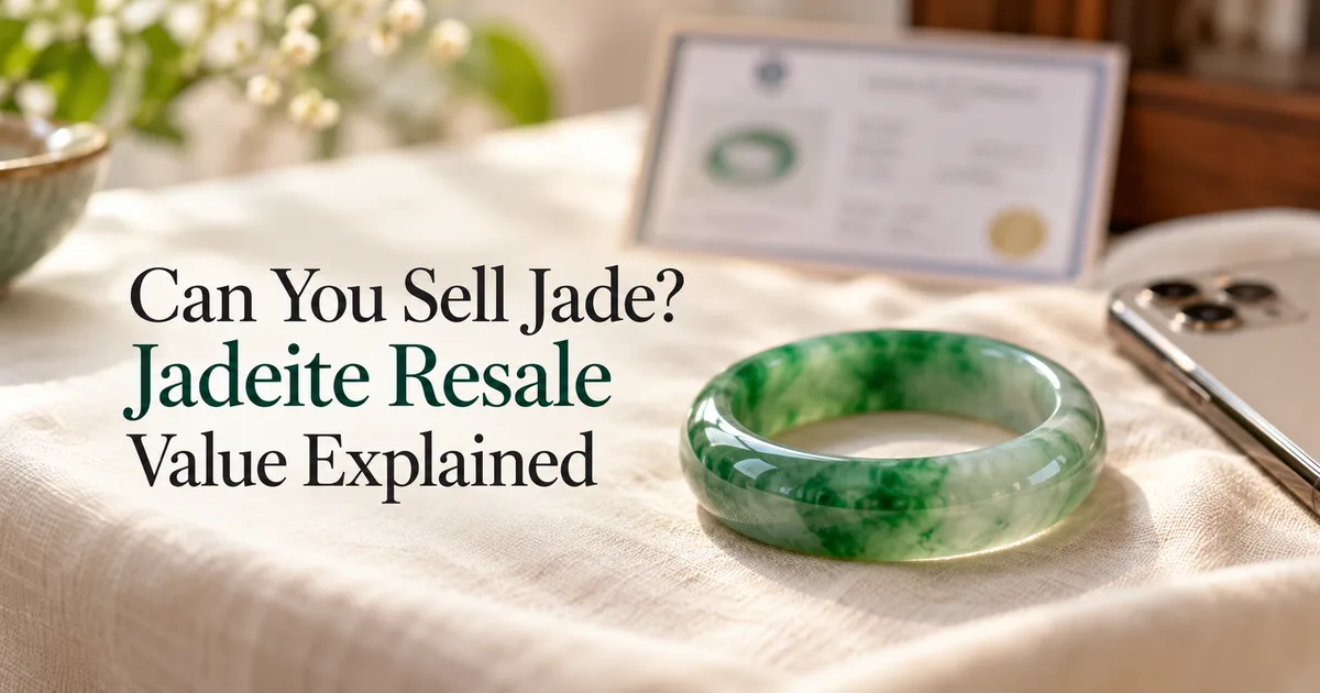 A green jadeite bangle on ivory linen with a lab certificate card behind it and a phone beside it, with the title Can You Sell Jade? Jadeite Resale Value Explained