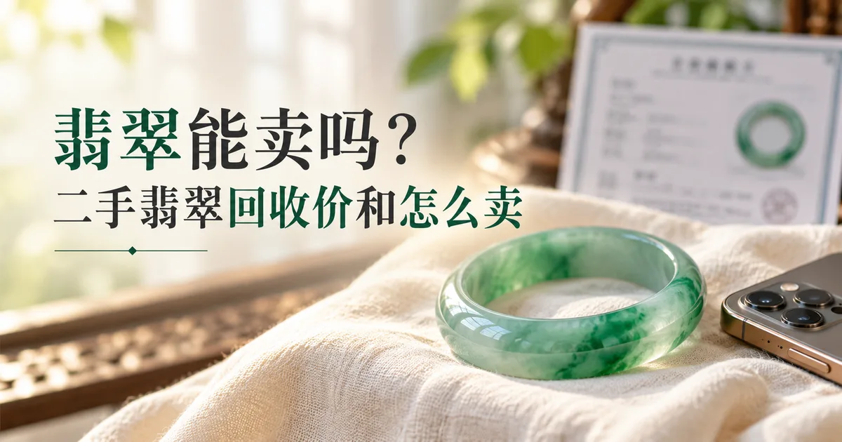米白亚麻布上的一只绿色翡翠手镯,后面立着鉴定证书,旁边是手机,配标题「翡翠能卖吗?」