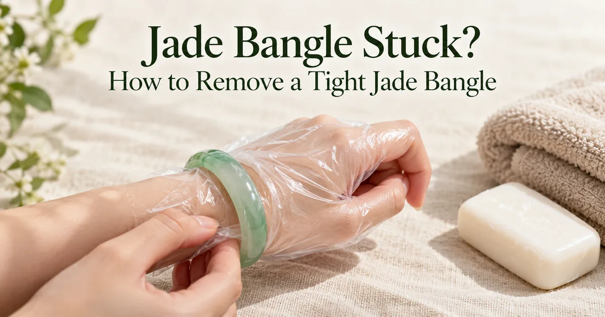 A hand with the thumb tucked in, easing a green jadeite bangle off over a thin plastic bag, with a bar of soap and a folded towel on ivory linen, with the title Jade Bangle Stuck? How to Remove a Tight Jade Bangle