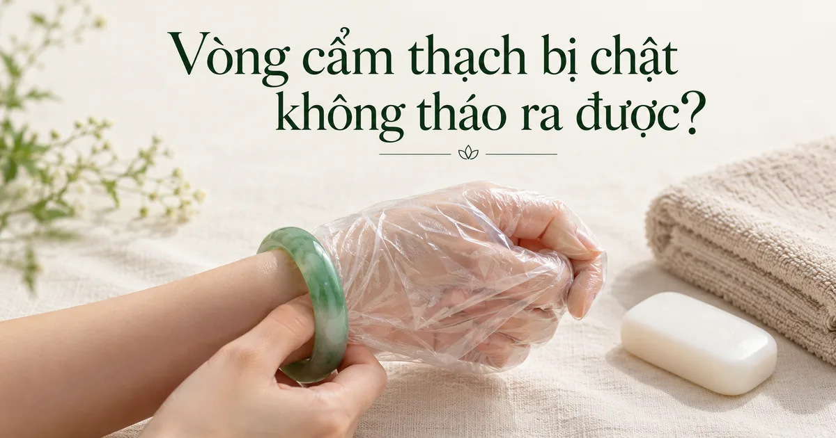 Bàn tay khép ngón cái đang từ từ tháo chiếc vòng phỉ thúy xanh qua một túi nilon mỏng, bên cạnh là bánh xà phòng và khăn gấp trên vải lanh màu ngà, kèm tiêu đề Vòng cẩm thạch bị chật không tháo ra được?