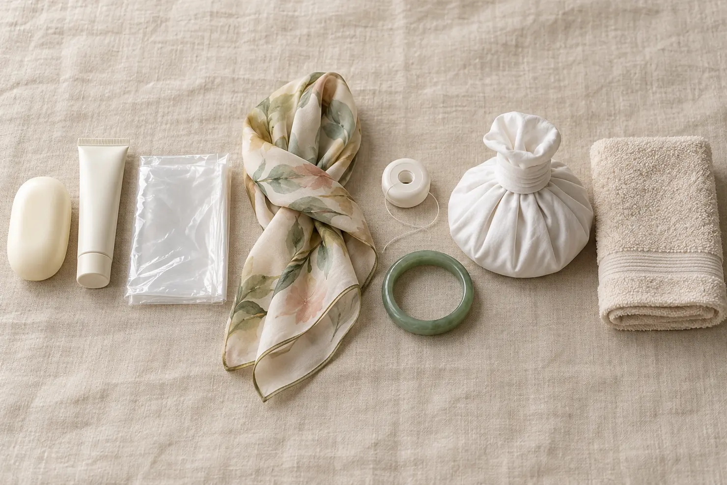 Household items for safely removing a tight jadeite bangle laid out on ivory linen: soap and lotion, a thin plastic bag, a silk scarf, dental floss, a folded towel and a cold pack wrapped in cloth, with a green jadeite bangle