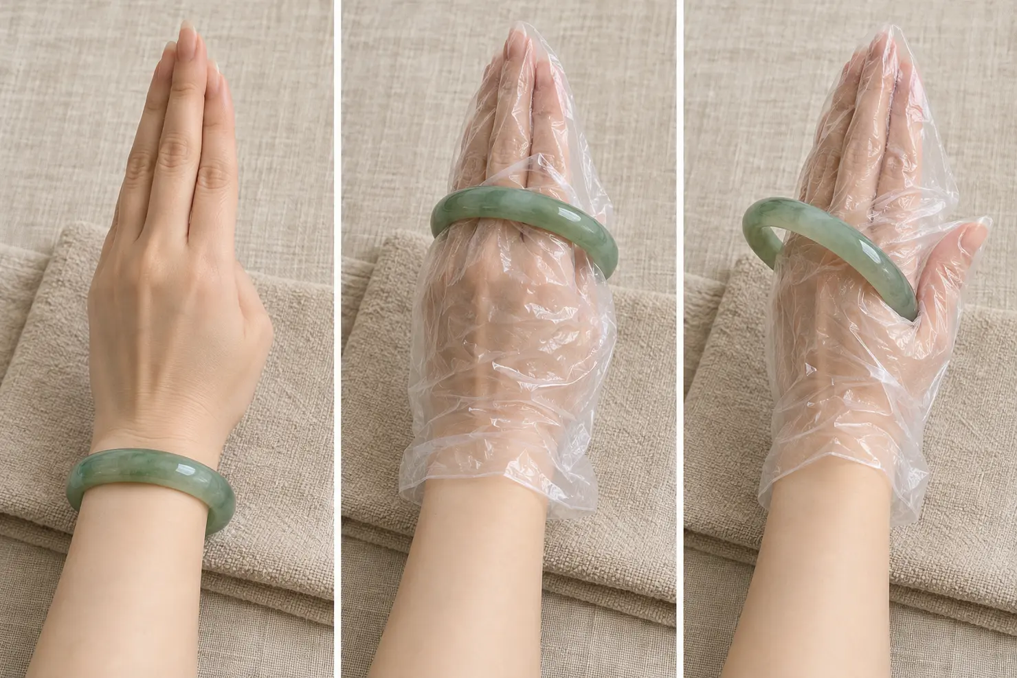 Three photos of a hand removing a green jadeite bangle over a folded towel: the hand narrowed with thumb tucked in, a thin plastic bag over the hand, and the bangle tilted and rolled over the thumb pad