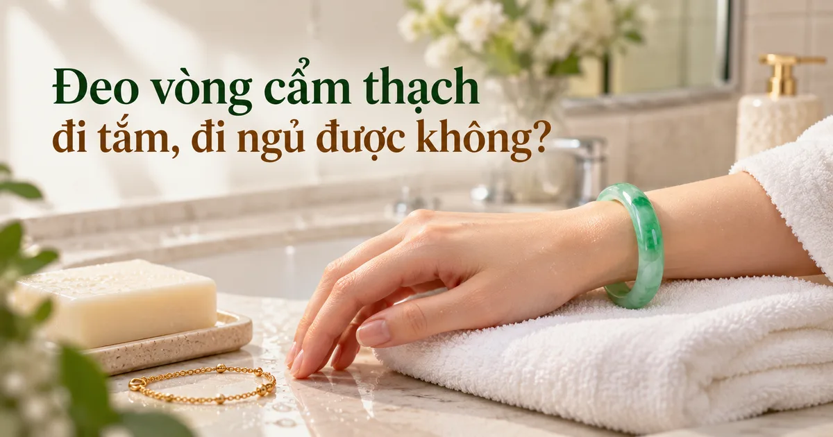 Bàn tay đeo vòng cẩm thạch xanh đặt trên khăn trắng gấp gọn cạnh bồn rửa, bên cạnh có bánh xà phòng và lắc tay vàng, kèm tiêu đề Đeo vòng cẩm thạch đi tắm, đi ngủ được không?