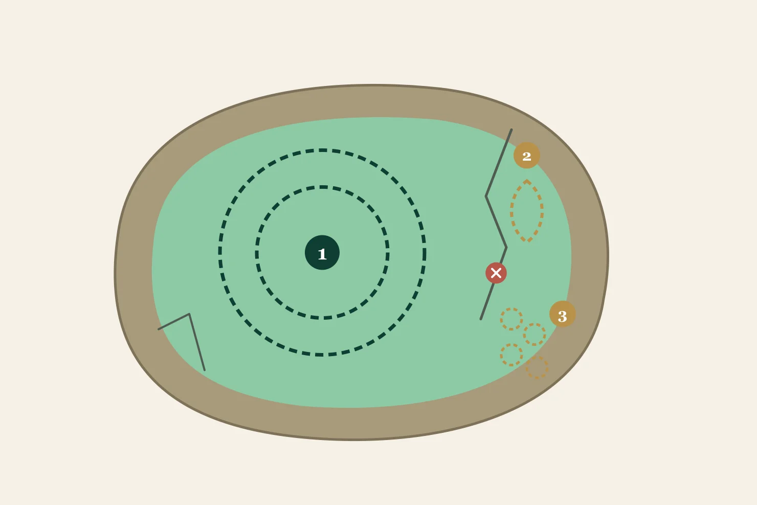 Illustration of a jadeite boulder cut open: a bangle outline takes the large clean area, while a pendant and beads are cut from smaller areas beside a crack
