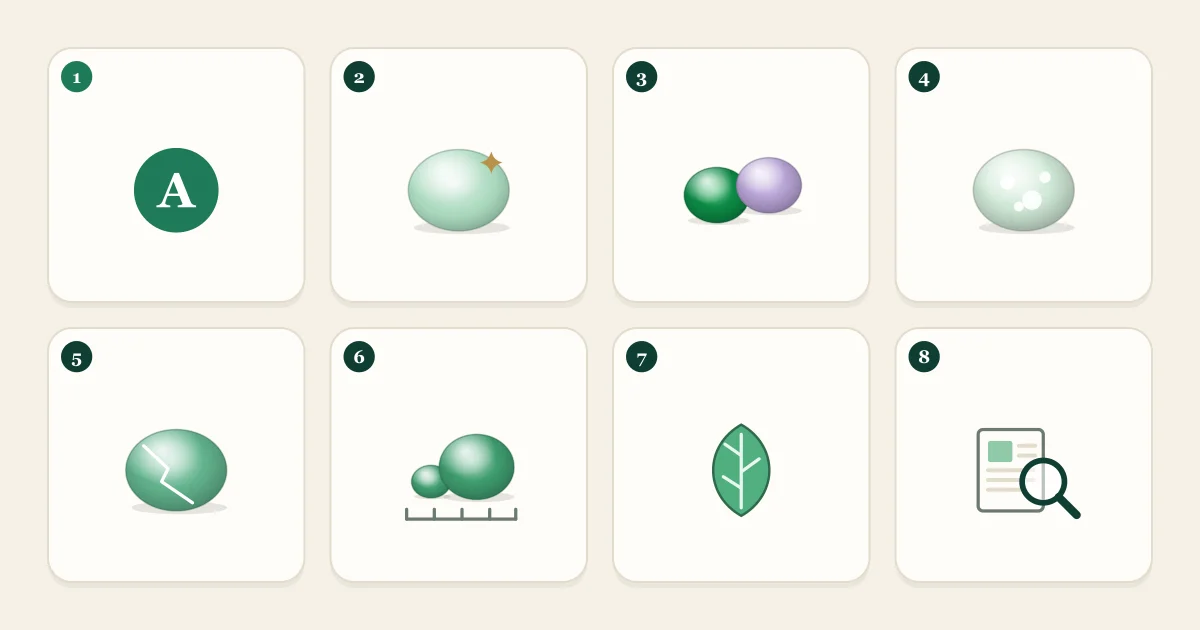 Illustration of eight jadeite price factors on numbered cards, from Type A and texture to cracks, size, carving and certificate
