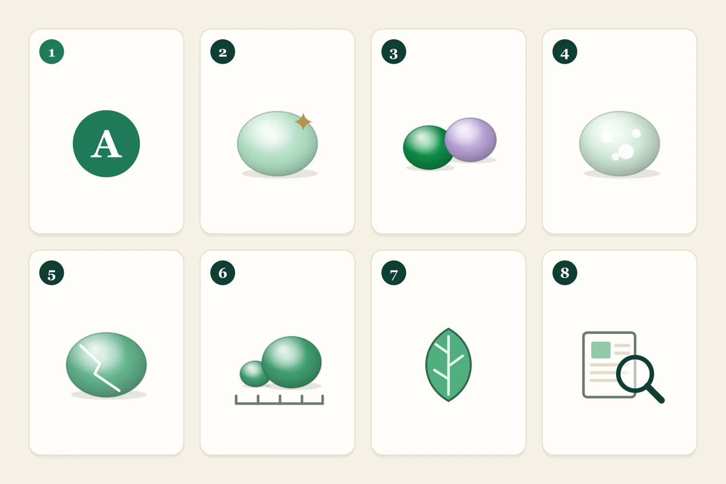 Eight numbered cards illustrating jadeite price factors: Type A, texture, color, cleanliness, cracks, size, craftsmanship and certificate