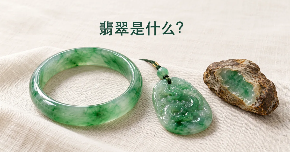米白亚麻布上一只透亮的绿色翡翠手镯和一件翡翠挂件,旁边是一小块开了窗的翡翠原石,配标题「翡翠是什么?」