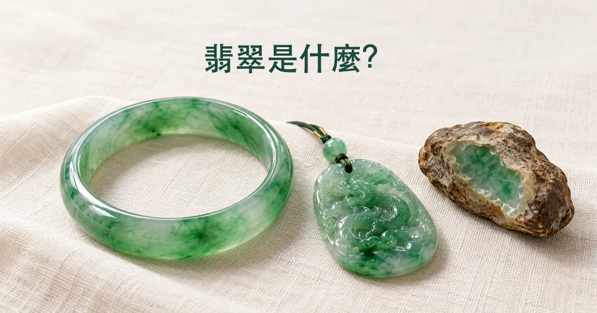 米白亞麻布上一隻透亮的綠色翡翠手鐲和一件翡翠掛件,旁邊是一小塊開了窗的翡翠原石,配標題「翡翠是什麼?」