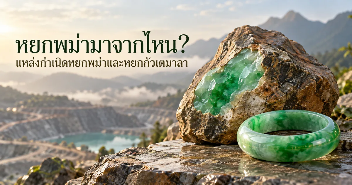 หยกดิบที่ขัดหน้าต่างเห็นสีเขียว วางข้างกำไลหยกพม่าสีเขียวบนโขดหินริมหุบเขา พร้อมหัวข้อ หยกพม่ามาจากไหน?