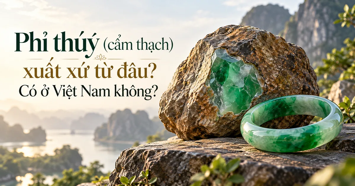 Khối phỉ thúy thô được mài cửa sổ lộ màu xanh đặt cạnh một chiếc vòng cẩm thạch xanh thành phẩm trên mỏm đá nhìn ra thung lũng, kèm tiêu đề Phỉ thúy (cẩm thạch) xuất xứ từ đâu?