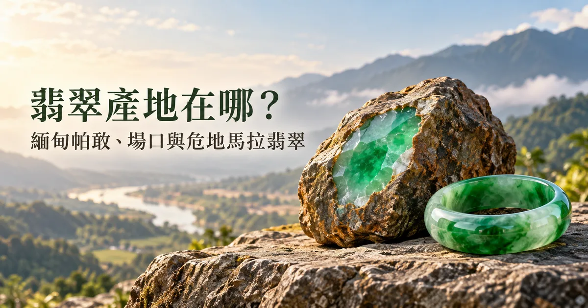 山谷遠景前的岩石上,一塊磨出綠色窗口的翡翠原石,旁邊是一隻綠色翡翠手鐲成品,配標題「翡翠產地在哪?」
