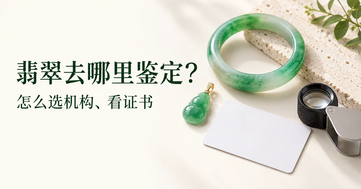 米白色亚麻布上放着一只绿白相间的翡翠手镯、一个带金扣头的绿色翡翠葫芦小吊坠、一张空白白卡和一个 10 倍放大镜